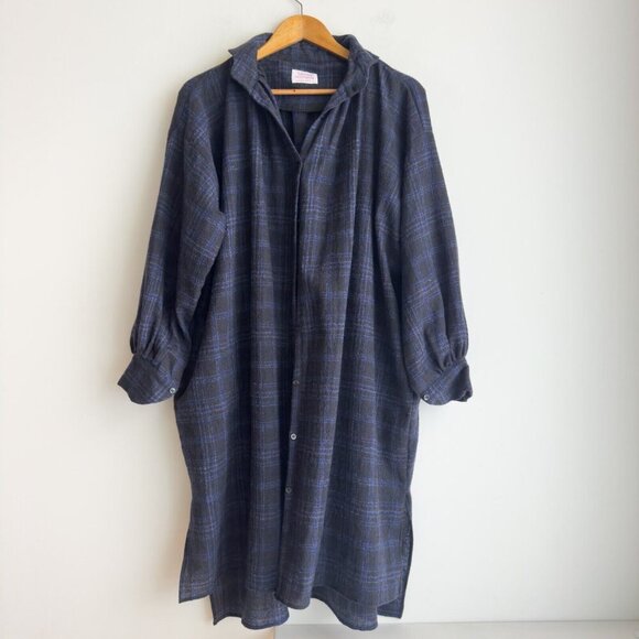 Gallego Desportes Blue Grey Plaid Red Cross Long Shirt Dress M - Picture 2 of 7